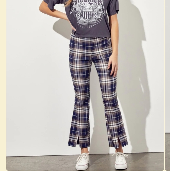 NWT! Baevely By Wellmade Maizy Plaid Slit Detail Ankle Flare Pants